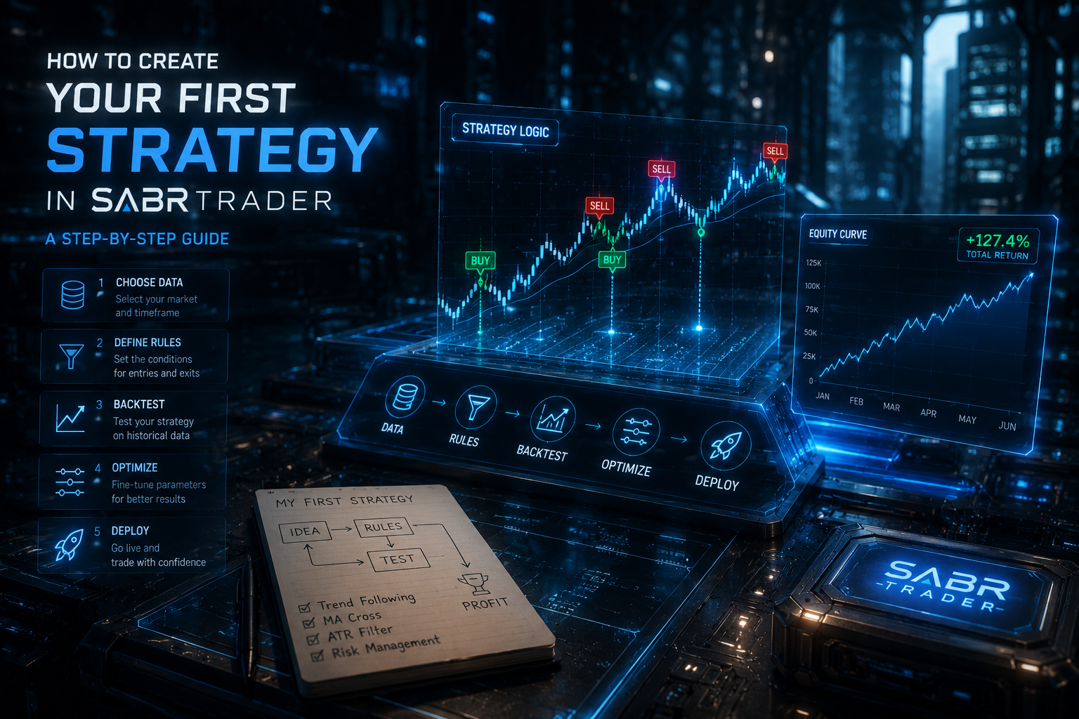 How to create your first trading strategy in SabrTrader: choose data, define rules, backtest, optimize, deploy