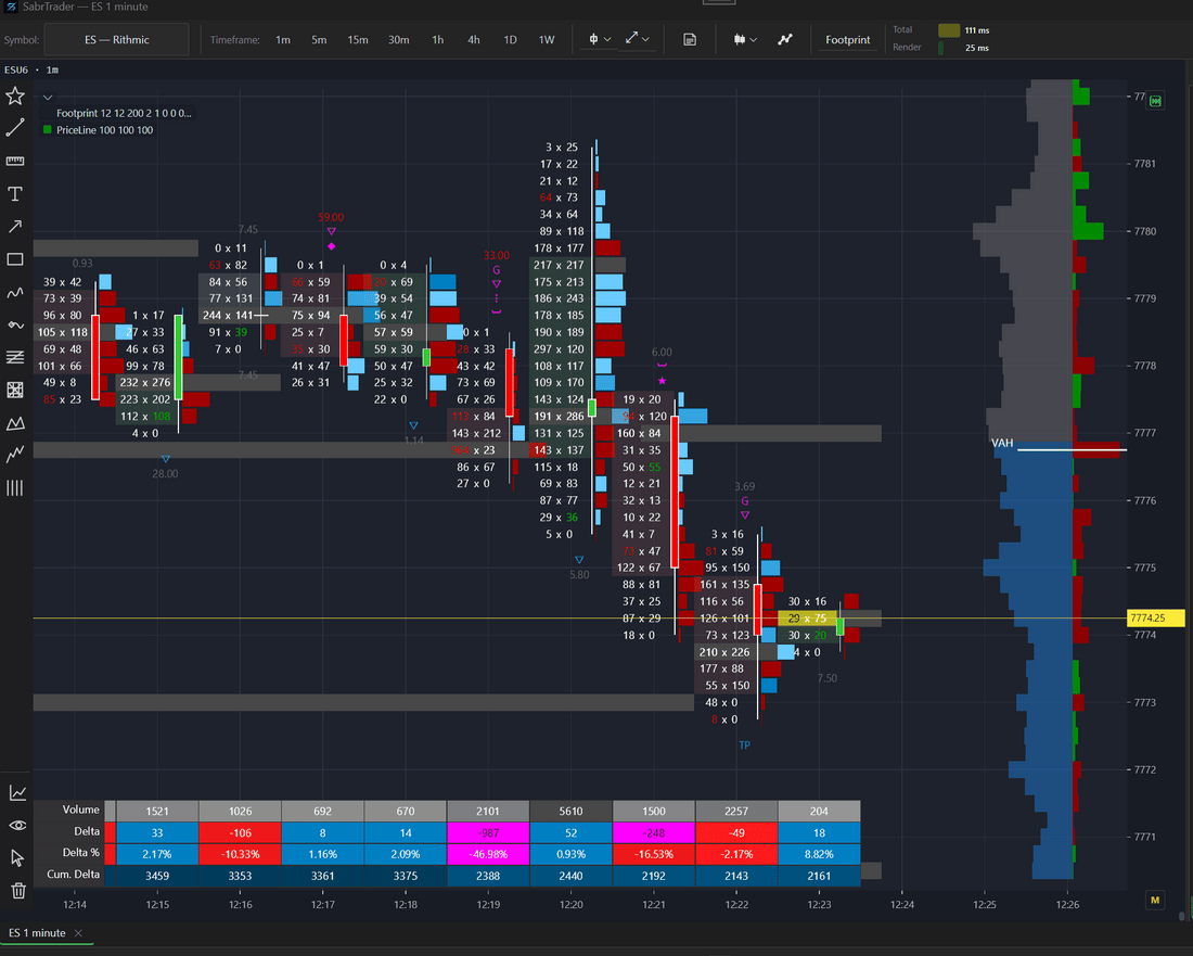 SabrTrader footprint / order flow chart