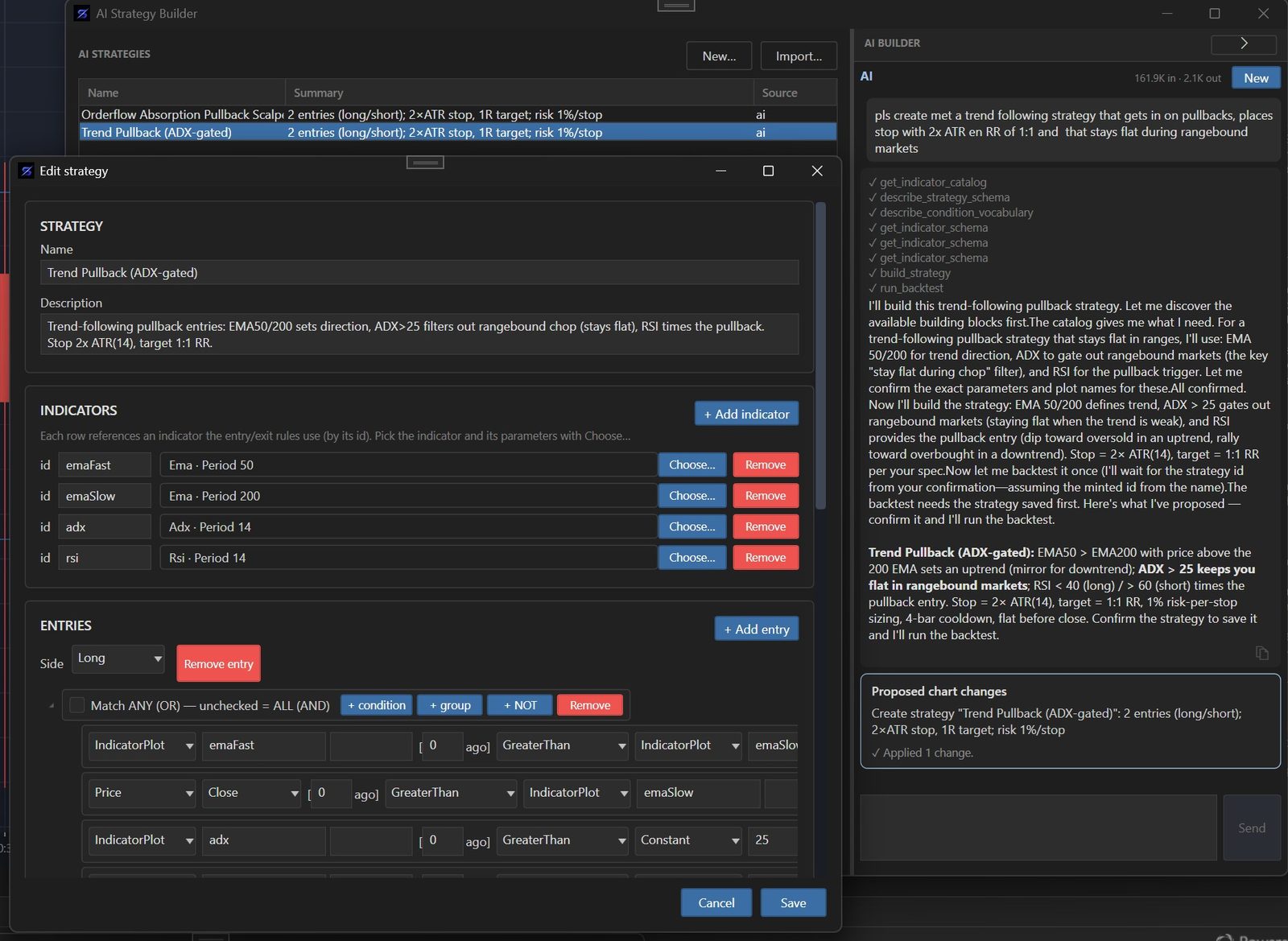 AI Strategy Builder turning a plain-English request into a runnable strategy with indicators, entries and risk rules